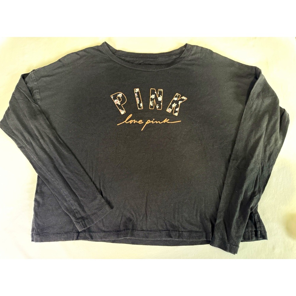 PINK Women's Black Long Sleeve Crew Neck Logo T-Shirt Top, Size S